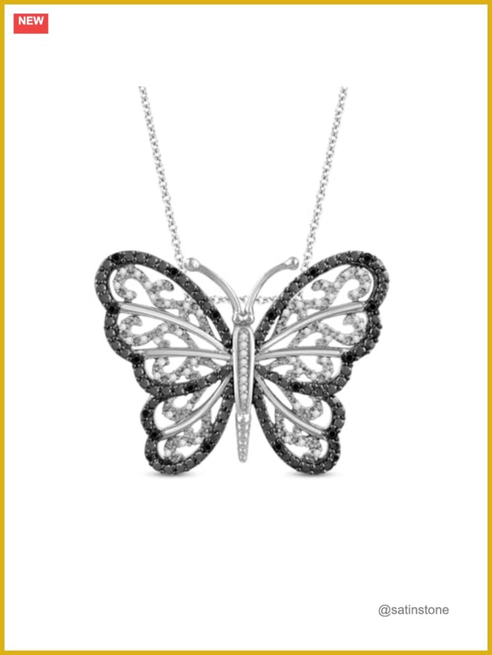 925 Sterling Silver Butterfly Diamond Pendant Necklace 18in Rolo Chain